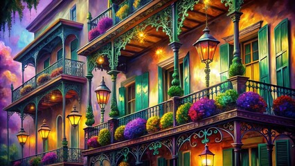 Obraz premium Mardi Gras Watercolor Background AI Art: Festive Architectural Photography