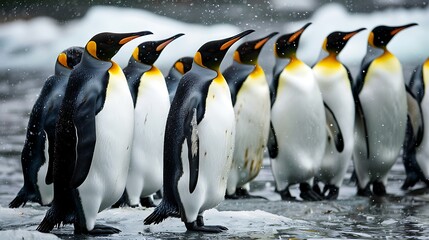 Obraz premium A group of penguins gathered on icy terrain near the water.