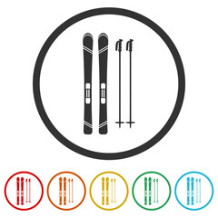 Ski and sticks icon. Set icons in color circle buttons