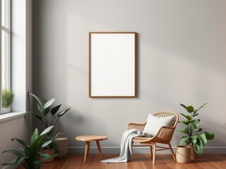 A minimalist wall art mockup featuring a modern abstract design, surrounded by plants and a cozy chair in a stylish living room setting, stylish, wall art