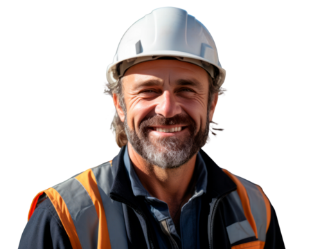 Smiling construction worker with safety helmet and vest, isolated on clean white background, closeup concept of professional people. Ai generative.