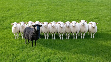 Obraz premium Black Sheep Among White Sheep in Lush Green Grass Pasture Scene