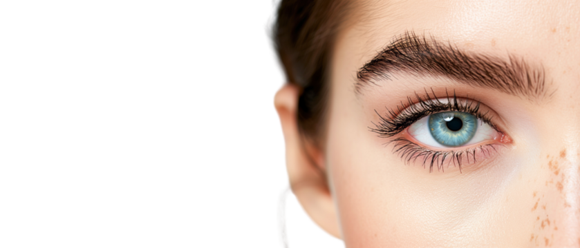 Close-up of a blue eye, natural makeup, visible freckles, sharp detail, white background, concept of beauty and skincare. Ai generative
