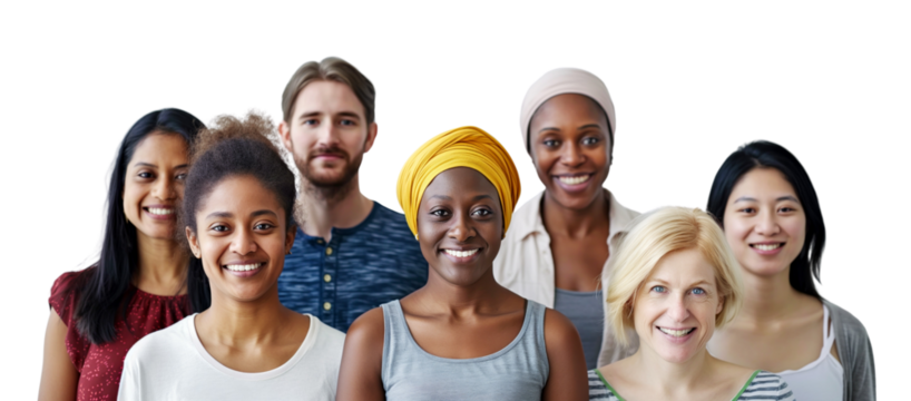 Group of smiling diverse people standing together, isolated on a clean white background, symbolizing unity, community, and diversity. Ai generative.