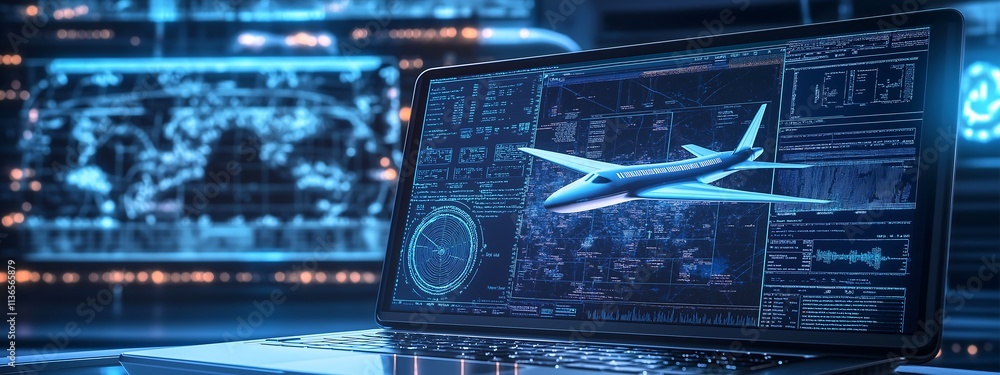 Fototapete a modern laptop with the screen displaying an engineering software, on which there is also a three-d