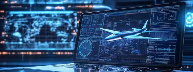 A modern laptop with the screen displaying an engineering software, on which there is also a three-dimensional airplane floating