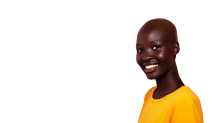 Closeup of a smiling person in a yellow shirt on a clean white background, isolated and minimalistic, representing joy and positivity. Ai generative.