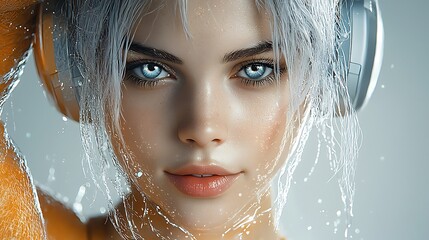 Portrait of a futuristic hyper-realistic woman with glowing grey smoky energy, stylish headphones on her head, smiling warmly at the camera, vibrant futuristic tones, Ultra-Realistic, Photo 