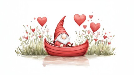 Gnome in red boat surrounded by hearts serene waterscape art