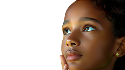 Closeup of a thoughtful child gazing upward, isolated on a clean white background, showcasing curiosity and innocence, concept of wonder. Ai generative