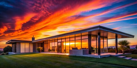 Fototapeta premium Midcentury Modern House Silhouette, Architectural Photography, Sunset Silhouette, Retro Home, Modernist Architecture, Building Silhouette