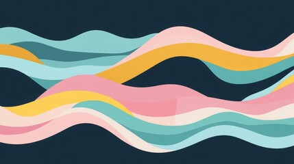 Generate a minimal vector cover with a focus on colorful stripes and waves. Use a palette of mint green, blue, yellow, and pink against a dark blue background. 