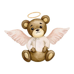 Cute Teddy bear as an angel, with wings and a halo. Composition for Valentine's Day, Birthday. Design for card, greeting card, poster, etc. Watercolor illustration isolated on transparent background.