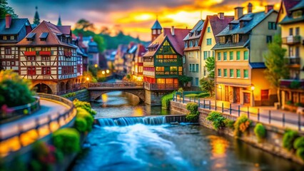 Naklejka premium Miniature Cityscape River Photography: Tiny Town, River Scene, Diorama, Model City, Small Scale Architecture