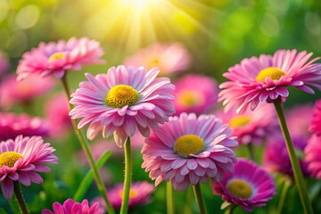 Obraz premium Miniature Pink Daisy Field, Tilt-Shift Photography, Blooming Flowers, Spring Meadow, Closeup Macro Shot