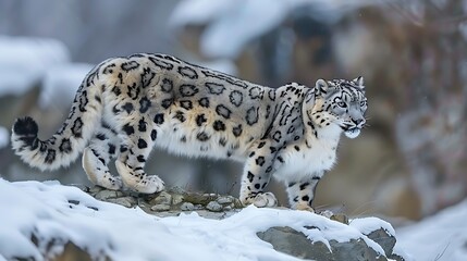 Obraz premium A snow leopard walking on a rocky ledge in a snowy mountain range.