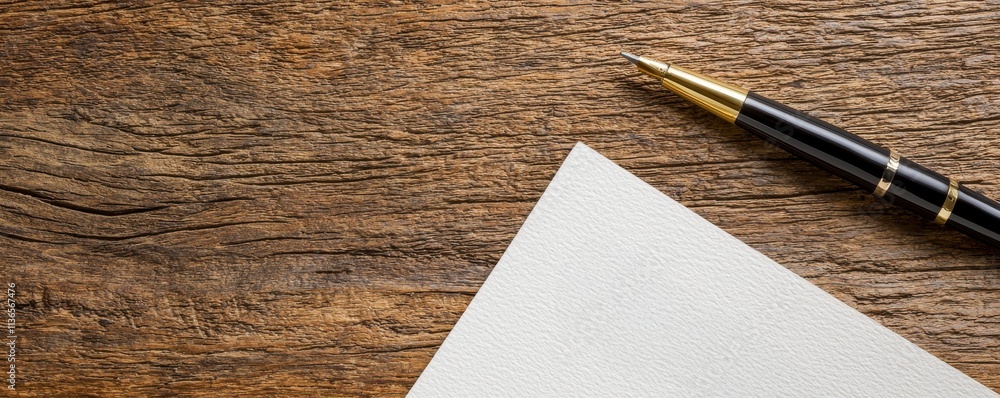 Poster a sleek pen rests on a blank sheet of paper, both positioned on a rustic wooden surface, creating a 