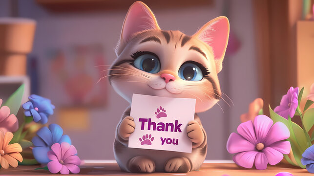 Adorable cartoon cat holding a thank you card with paw prints and surrounded by flowers for International Thank You Day