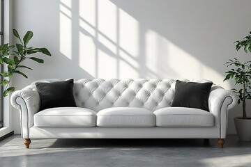 Fototapeta premium A white couch with black pillows sits in a room with a large window