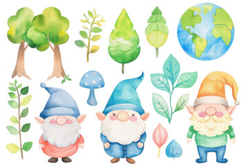 Playful watercolor gnomes surrounded by trees, leaves, and the earth, ideal for eco-friendly or fairy tale designs.