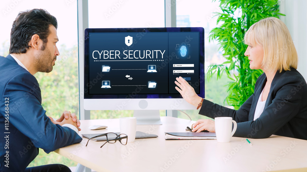 Poster cyber security system on computer screen protect private information snugly from hacker and cyber at