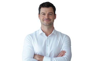 Business man in formal clothes looking at viewer with confidence and friendly smile, standing with arms crossed, isolated on blue background