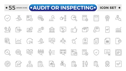 Audit or Inspecting icons set in thin line design. Pack of inspection, hire, calculation money, coaching, protection, cooperation, success, task, and other pictograms. Editable stroke outline icon.