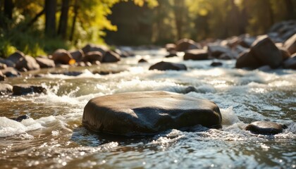 Fototapeta premium A smooth, flat rock surrounded by flowing water—ideal for nature and adventure-themed product displays.