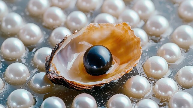 Black pearl in oyster shell surrounded by white pearls on reflective surface