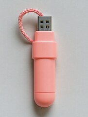 A pink USB flash drive with a pink cord