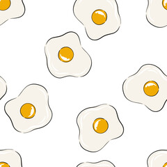 Hand drawn seamless pattern of fried eggs on a white background featuring multiple egg shapes and yolks