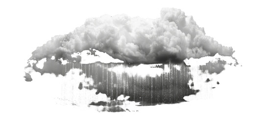 A monochrome depiction of an overcast sky with clouds, from which rain is gently falling, capturing
