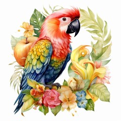 Obraz premium Isolated on white background of a charming parrot holding a tiny bow in its beak adorned with tropical fruits, vibrant floral patterns.