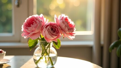 Obraz premium Pink flowers roses in a vase, sunny room with soft light and cozy atmosphere