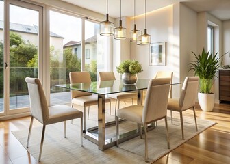 Fototapeta premium Minimalist Glass Dining Room: Modern Interior Design, Clean Lines, Architectural Photography