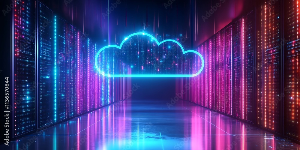 Poster neon cloud network connection, cloud computing, data center, network security, generative ai