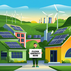 Clean Energy Illustration with Solar Panels, Wind Turbines, and Environmental Activist Holding Sign
