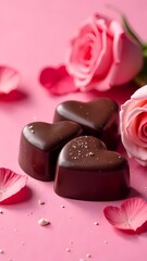 Heart-shaped chocolates with roses on a pink background. Day of love and romance St. Valentine's Day 