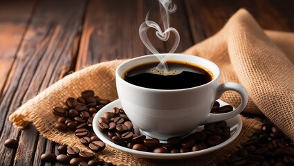 Fototapeta premium Cup of coffee with heart shape smoke and coffee beans on burlap sack on old wooden background