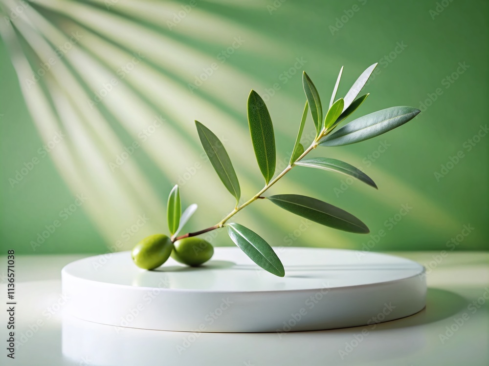 Poster minimalistic display of a white circular platform with a green olive branch casting shadows, ideal f