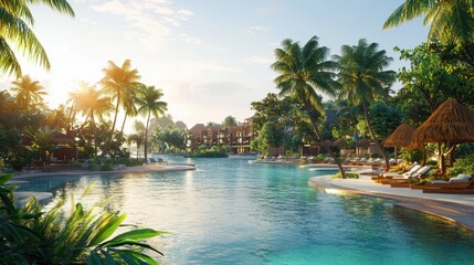 Fototapeta premium Serene Tropical Resort Oasis with Lush Palm Trees and Crystal Clear Waters at Sunset