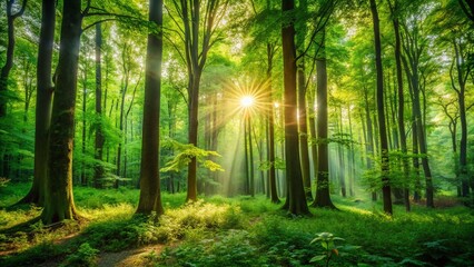 Fototapeta premium Minimalist Lush Green Forest Photography: Majestic Trees, Soft Background, Nature Wallpaper