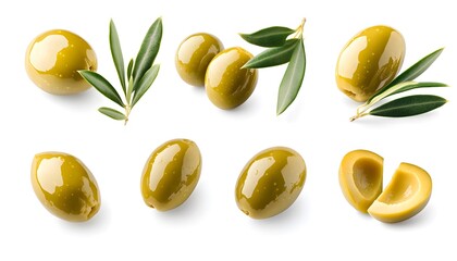 A set of Olive isolated on a white background. It includes whole,halved and slice, all with full depth of field. --ar 7:4