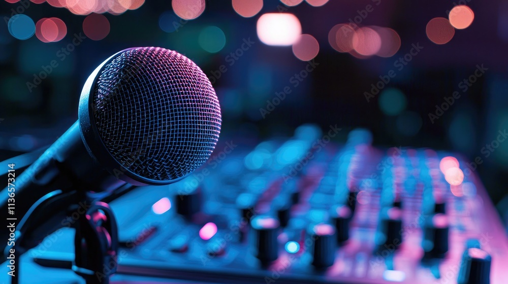 Aufkleber high-quality podcast microphone in front of a laptop and audio mixer
