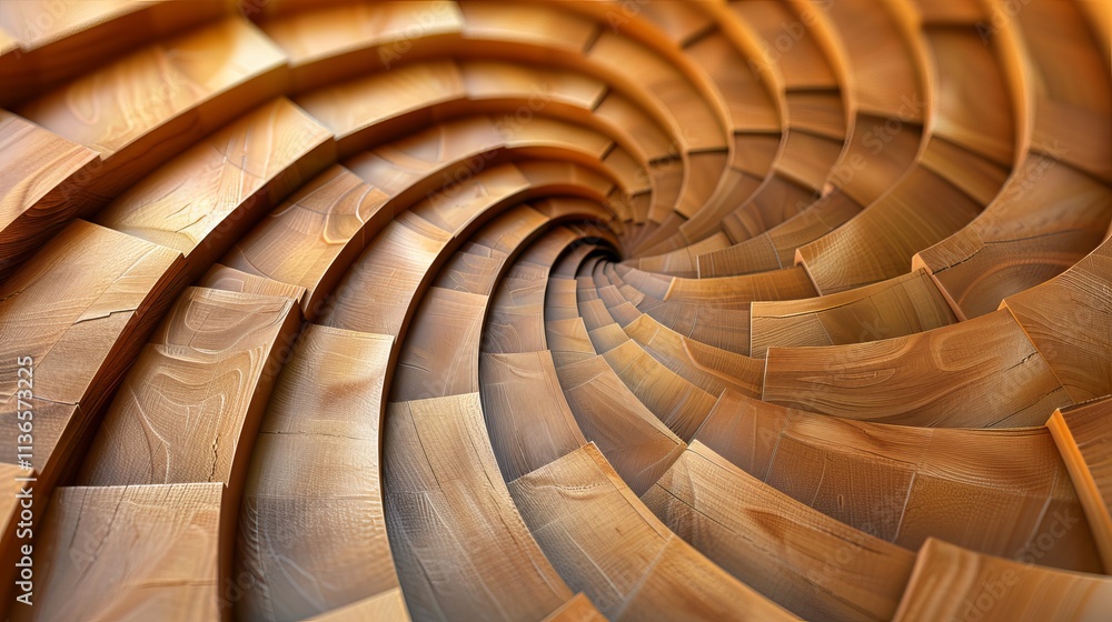 Poster abstract spiral pattern of wooden planks, showcasing intricate textures and hues, creating a warm an