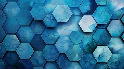 A digital artwork with interlocking hexagons in various shades of blue