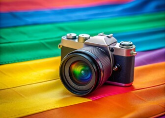 Minimalist Rainbow Flag Camera Photography: Colorful Pride Still Life Image