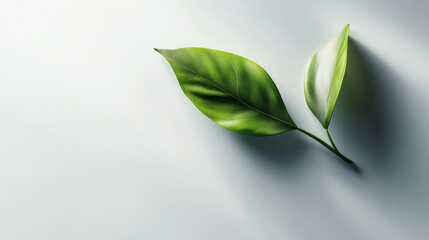Fototapeta premium A single green leaf on a clean white background, sharp details, soft shadows, minimalist and modern aesthetic