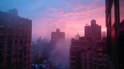A wide shot of the skyline in New York City, featuring the Empire State Building, a pastel sky, minimalist design