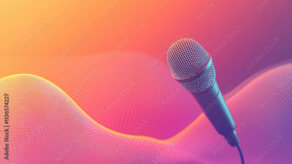 Poster Simple background with microphone and sound wave illustrations in a soft gradient 